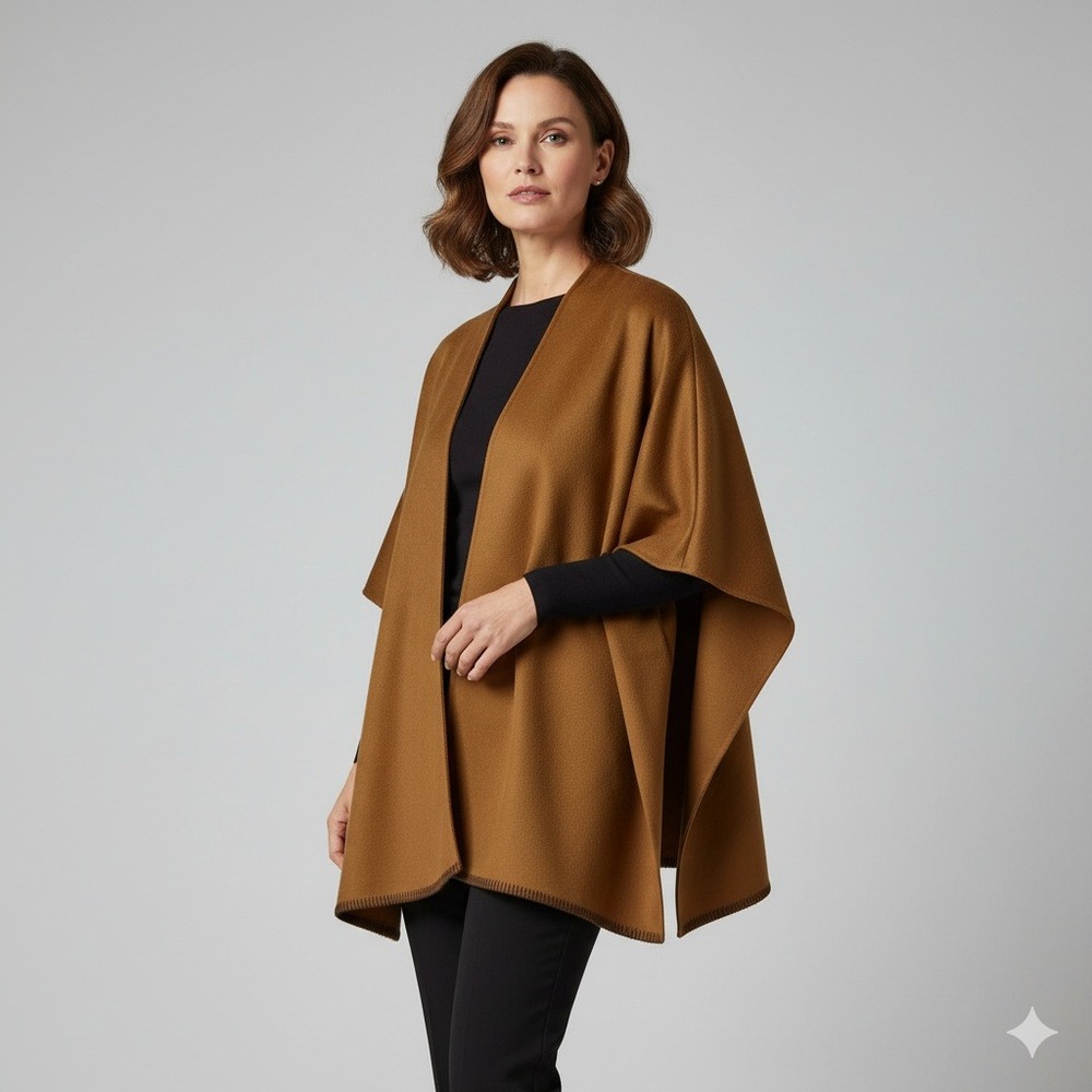 COS Women Camel Brown Wool Blend Cape Poncho Open‎ Front Sz OS